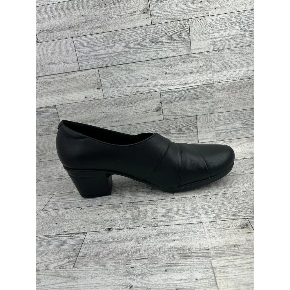 Clarks Collection Women Black Leather Slip On Block Heel Shoes Size‎ 9.5M